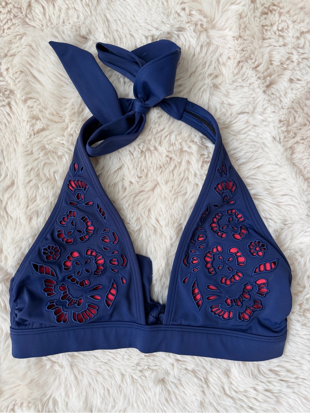 Venus Navy Halter Swim Top with Red Contrast Cutwork